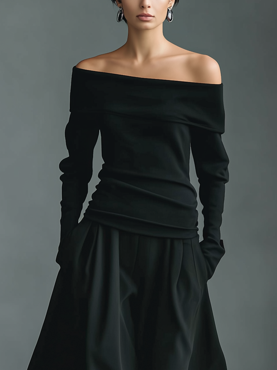 Women's Black Knit Off-Shoulder Fitted Top And Woven Fabric Skirt Set MDA1430K2T