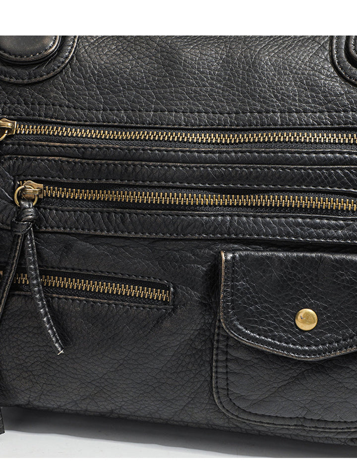 Women's Fashionable Distressed Multi-pocket Leather Handbag MDA0889H1Y