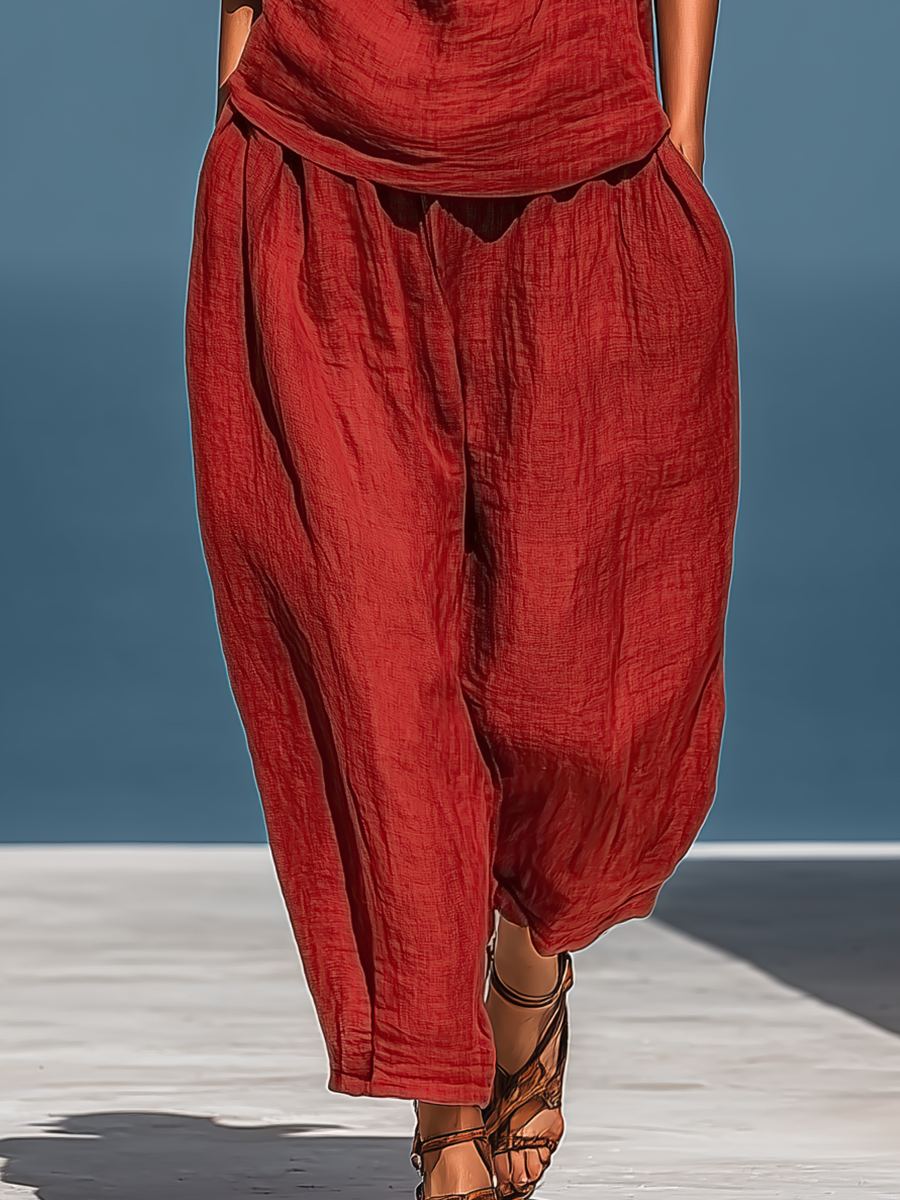 Women’s Red Linen Two-Piece Set: Asymmetrical One-Shoulder Top (Without Neck Scarf) & Wide-Leg Pants With Pockets MDZ2201D4T