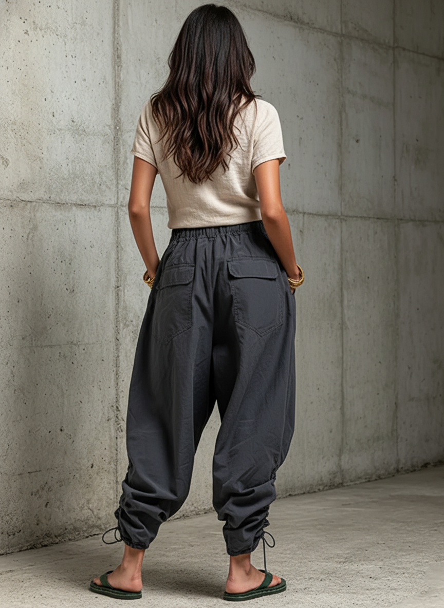 Women's Casual Style Dark Gray Cotton Blend Elastic Waist Drawstring Cargo Pants MDZ2945E5GMJ