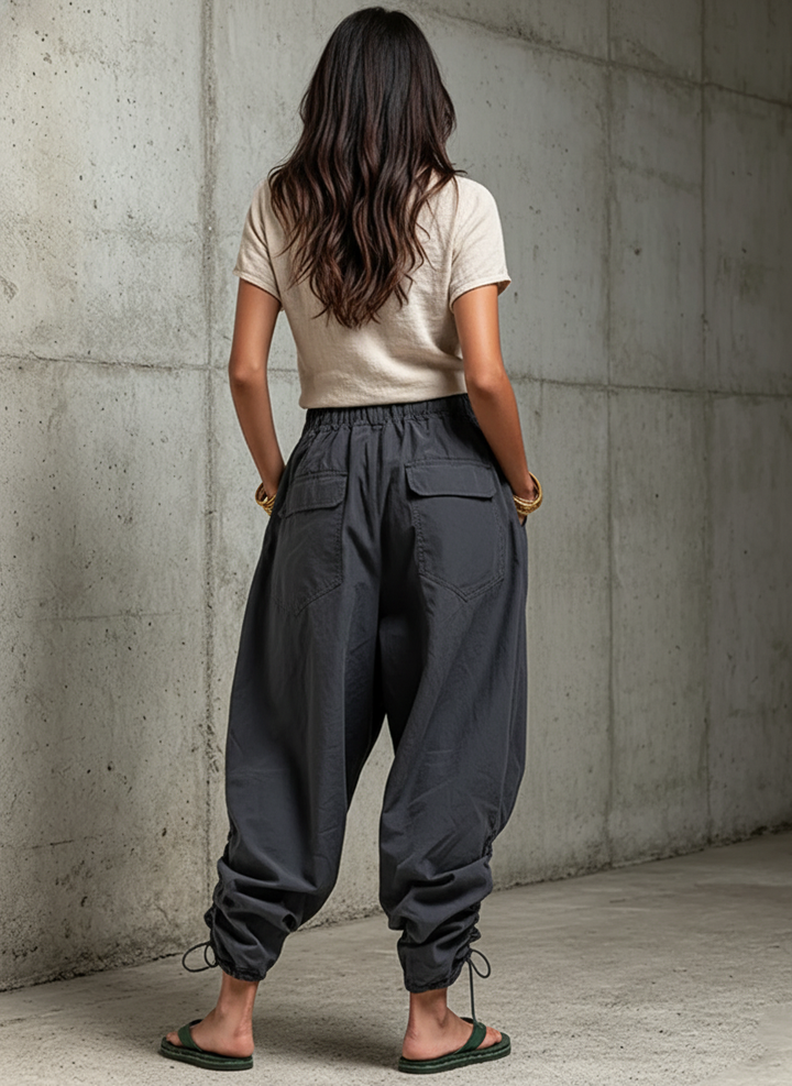 Women's Casual Style Dark Gray Cotton Blend Elastic Waist Drawstring Cargo Pants MDZ2945E5GMJ