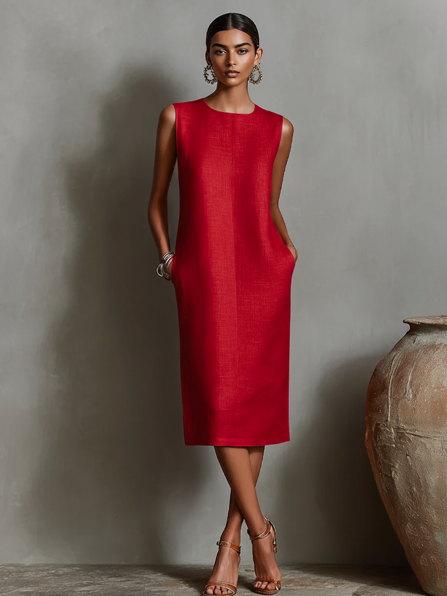 Women's Orange Linen Shift Dress With Sleeveless Round Neck & Side Pockets, Timeless Minimalist-Elegant Style Dress MDZ2851C7I